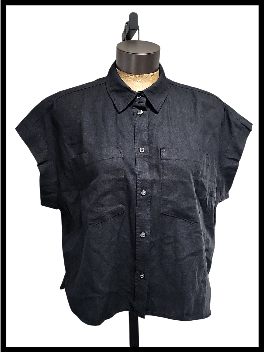 NWT GAP Linen Blend Button Down Shirt Short Sleeve 2 Pockets Black Medium NEW